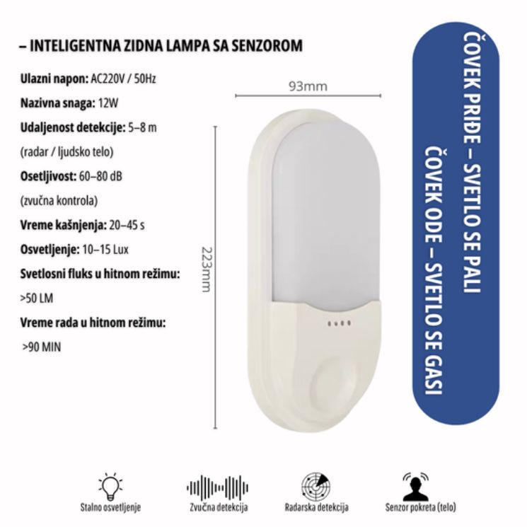 Zidna LED lampa sa senzorom 12 W